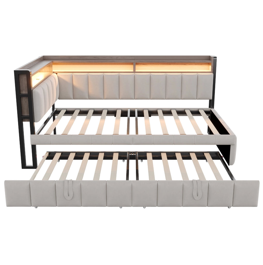 Divano letto estraibile ULEVR 90x200 cm con LED, USB e Type-C, vani portaoggetti, velluto grigio chiaro