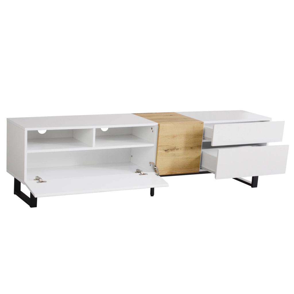 Mobile TV con 2 ante, 2 cassetti e 2 vani aperti, piedini in metallo, per soggiorno, MDF bianco e legno, 180 × 38 × 50 cm