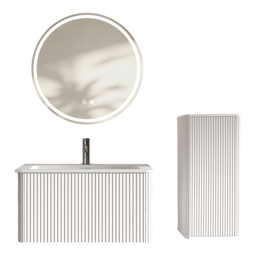 Set mobili bagno con specchio LED; vetro MDF compensato e Solid Surface bianco