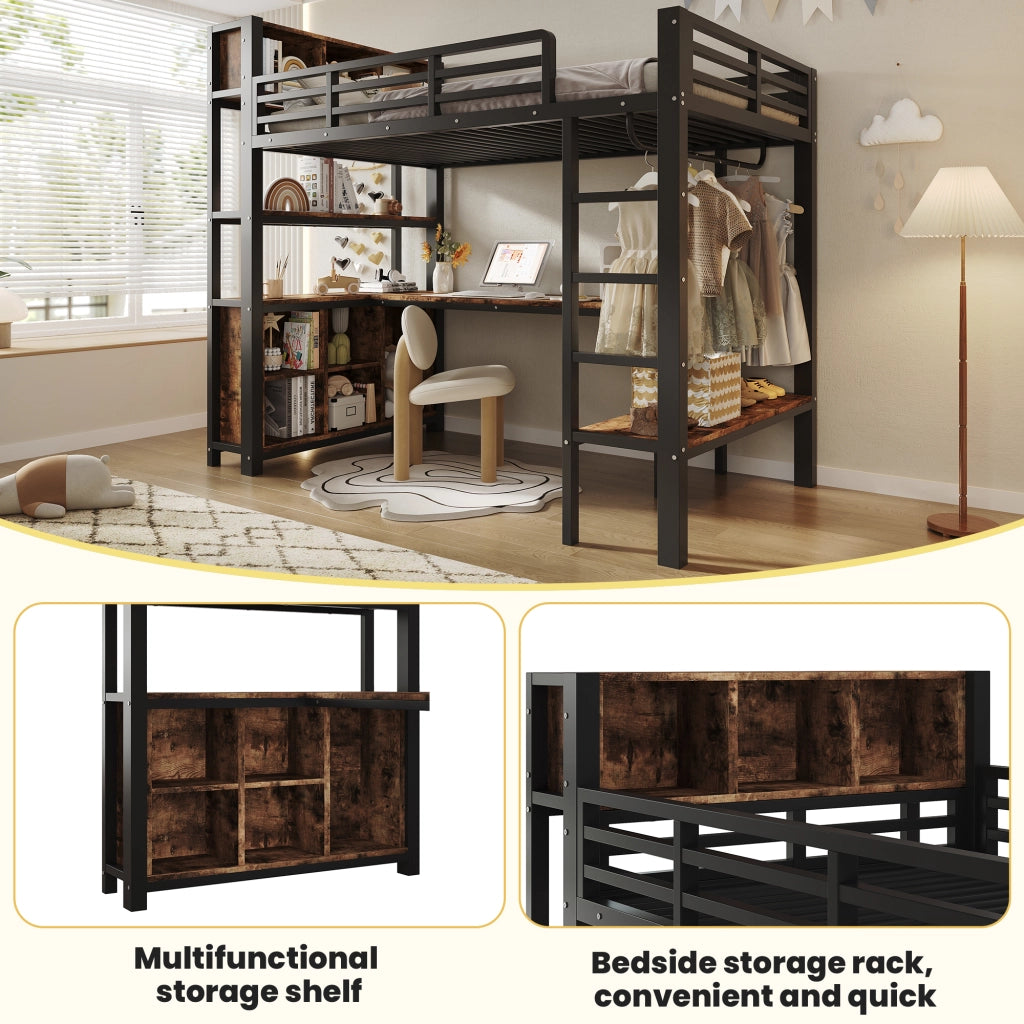 Letto a soppalco per bambini 90x200 cm con scrivania; appendiabiti; ripiani e vani; metallo e MDF nero