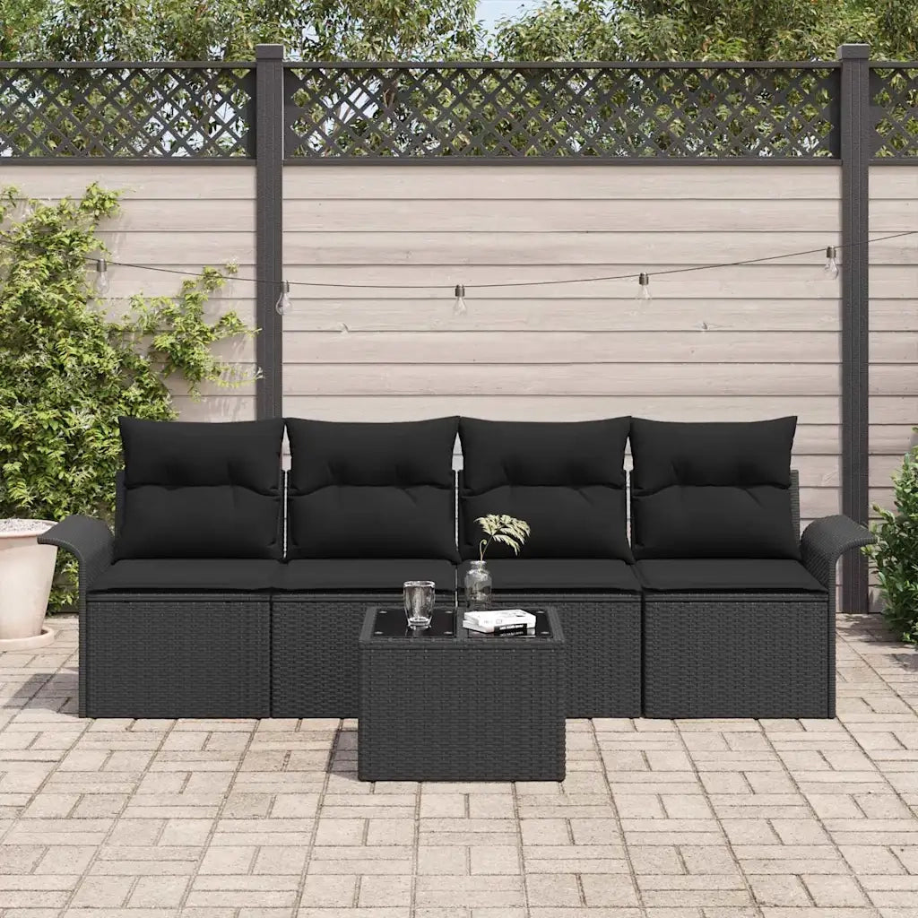 Set Divano da Giardino con cuscino 5 pcs Nero polyrattan
