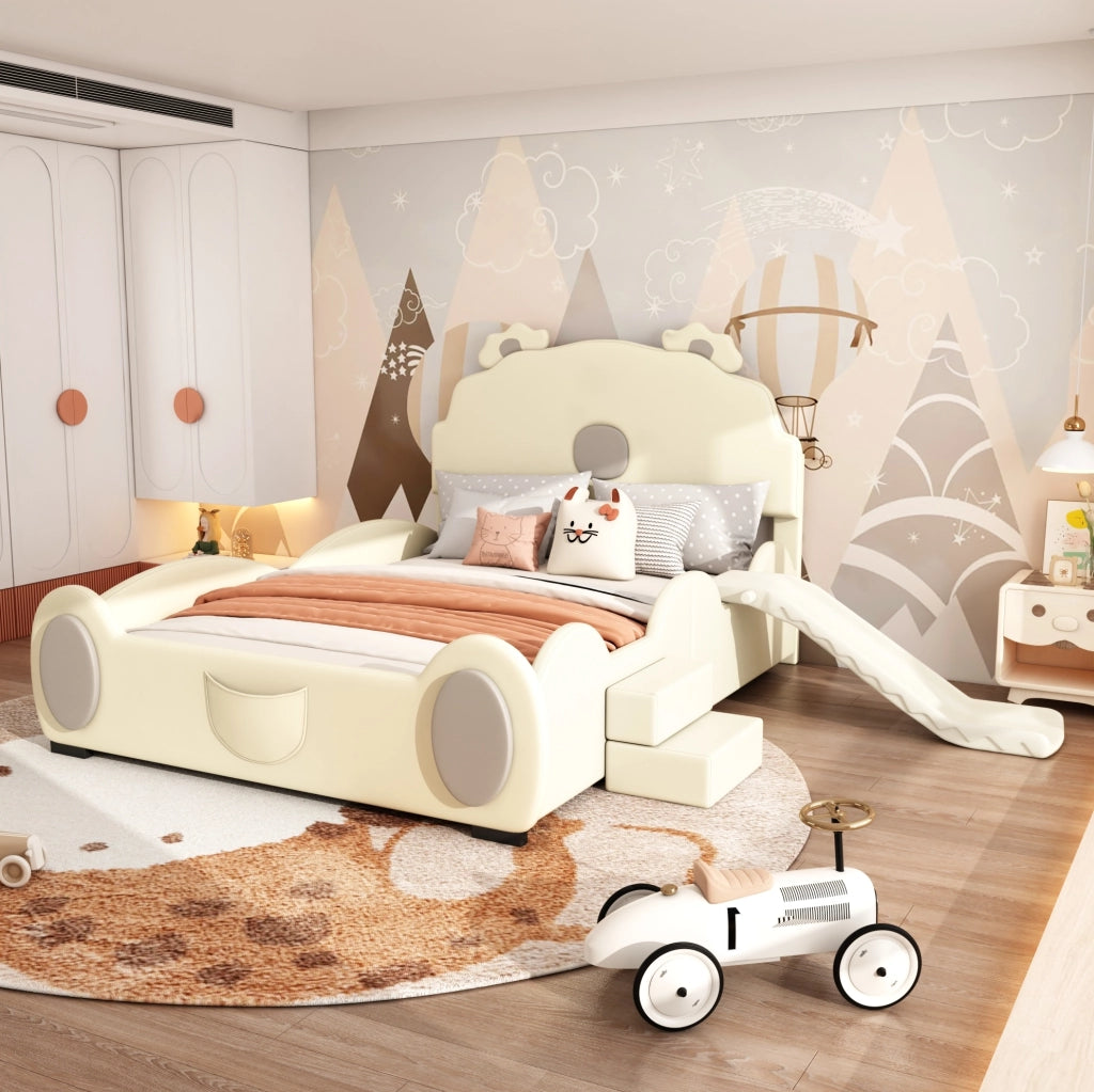 Letto per bambini 140x200 cm a forma di orso con scivolo e scala, materiale PU e MDF, beige