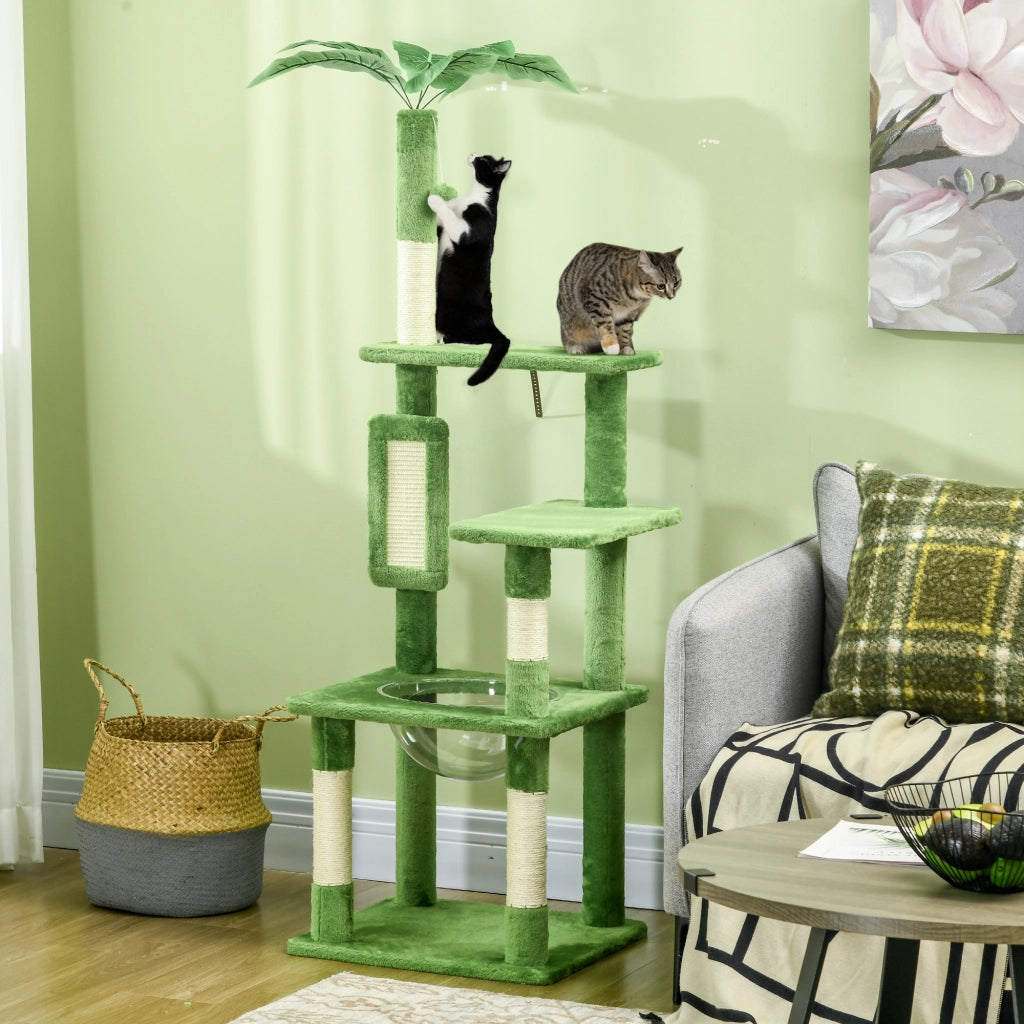 EasyComfort Albero per Gatti Multilivello con Amaca, Tiragraffi, Pallina e Foglie Decorative, 49x49x142 cm, Verde