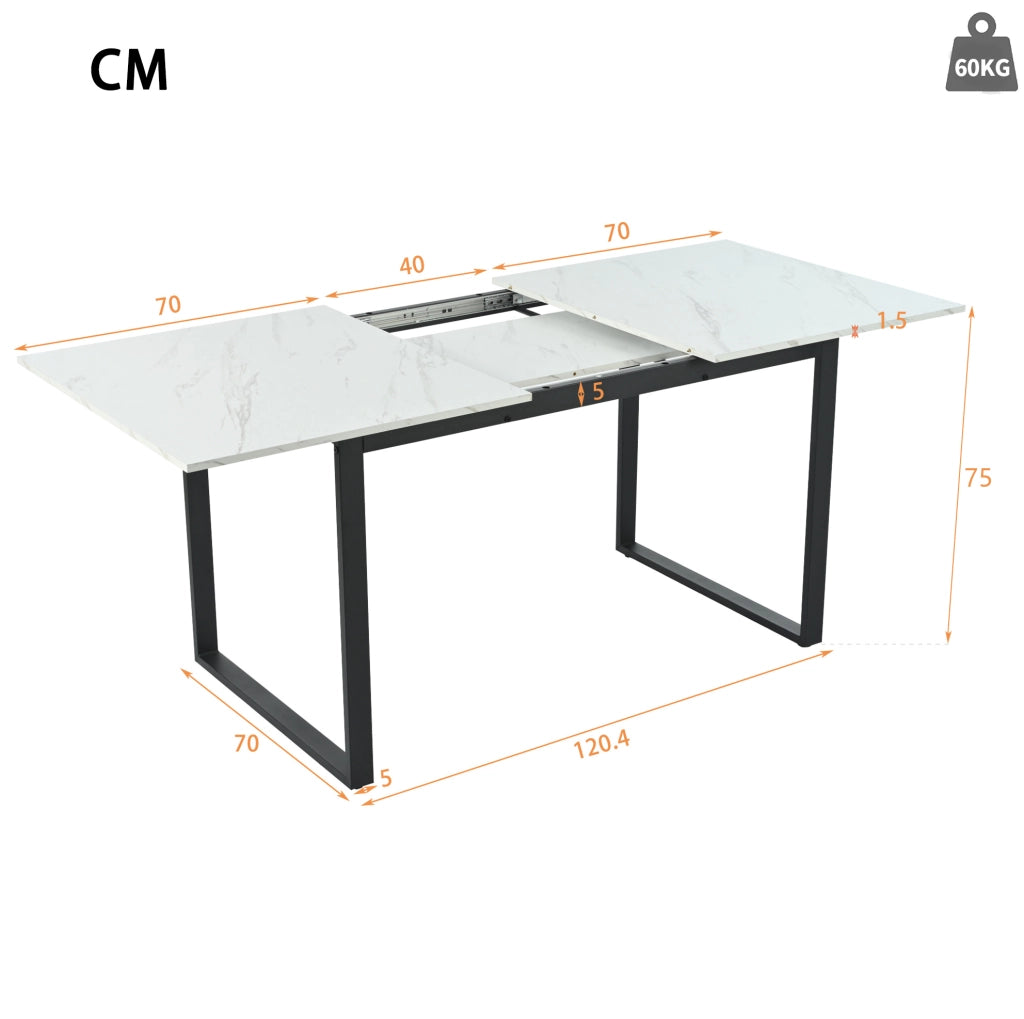 Tavolo da pranzo allungabile 140-180x80x75 cm con piano MDF effetto marmo bianco e gambe in metallo