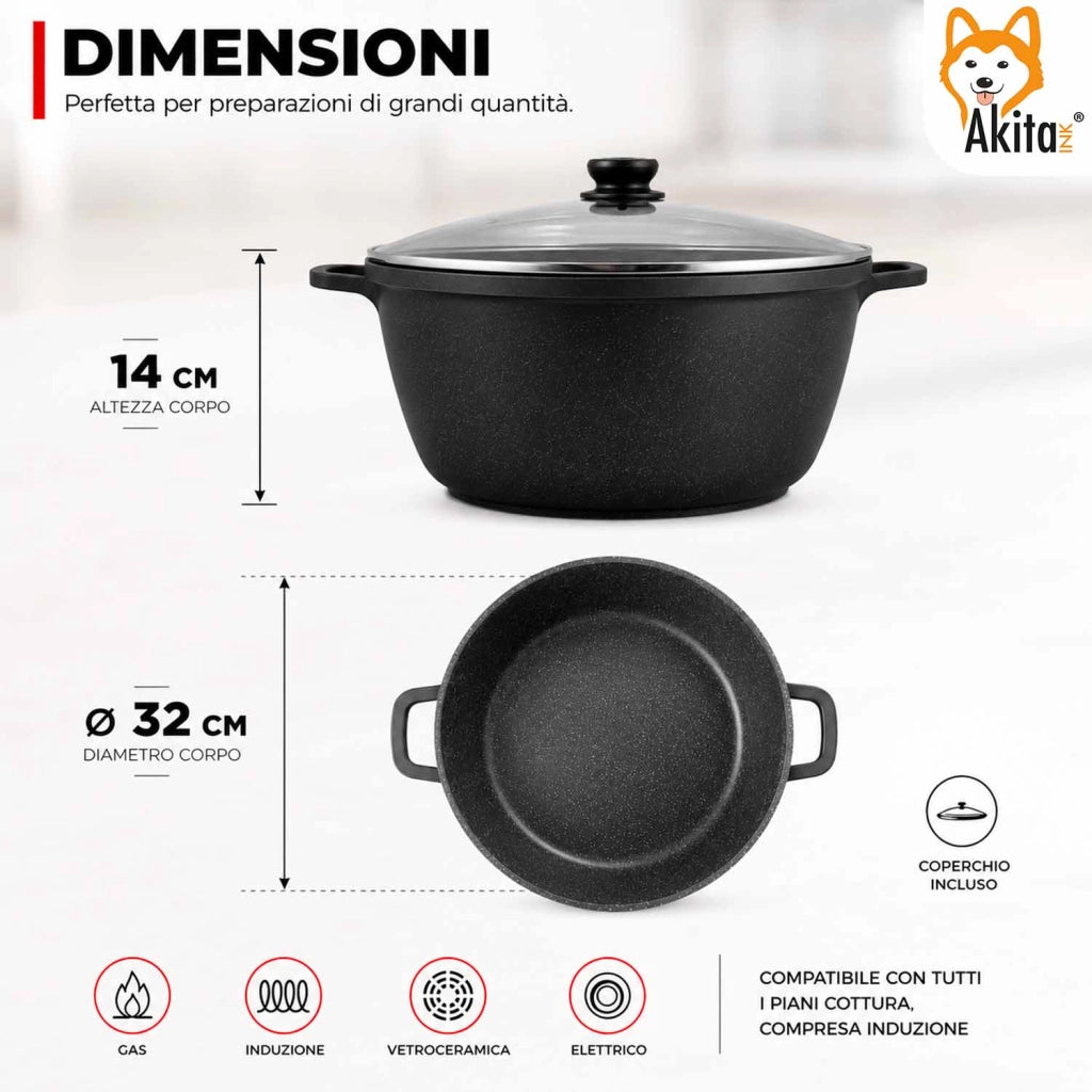 Akitaink Casseruola Alluminio Pressofuso Coperchio in Vetro 32 cm