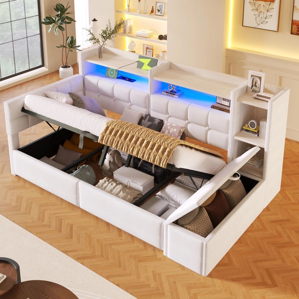 Letto da Giorno 90x200 cm in velluto con Contenitore Idraulico; Panca Contenitore; LED; USB-C; Ripiani Bianco