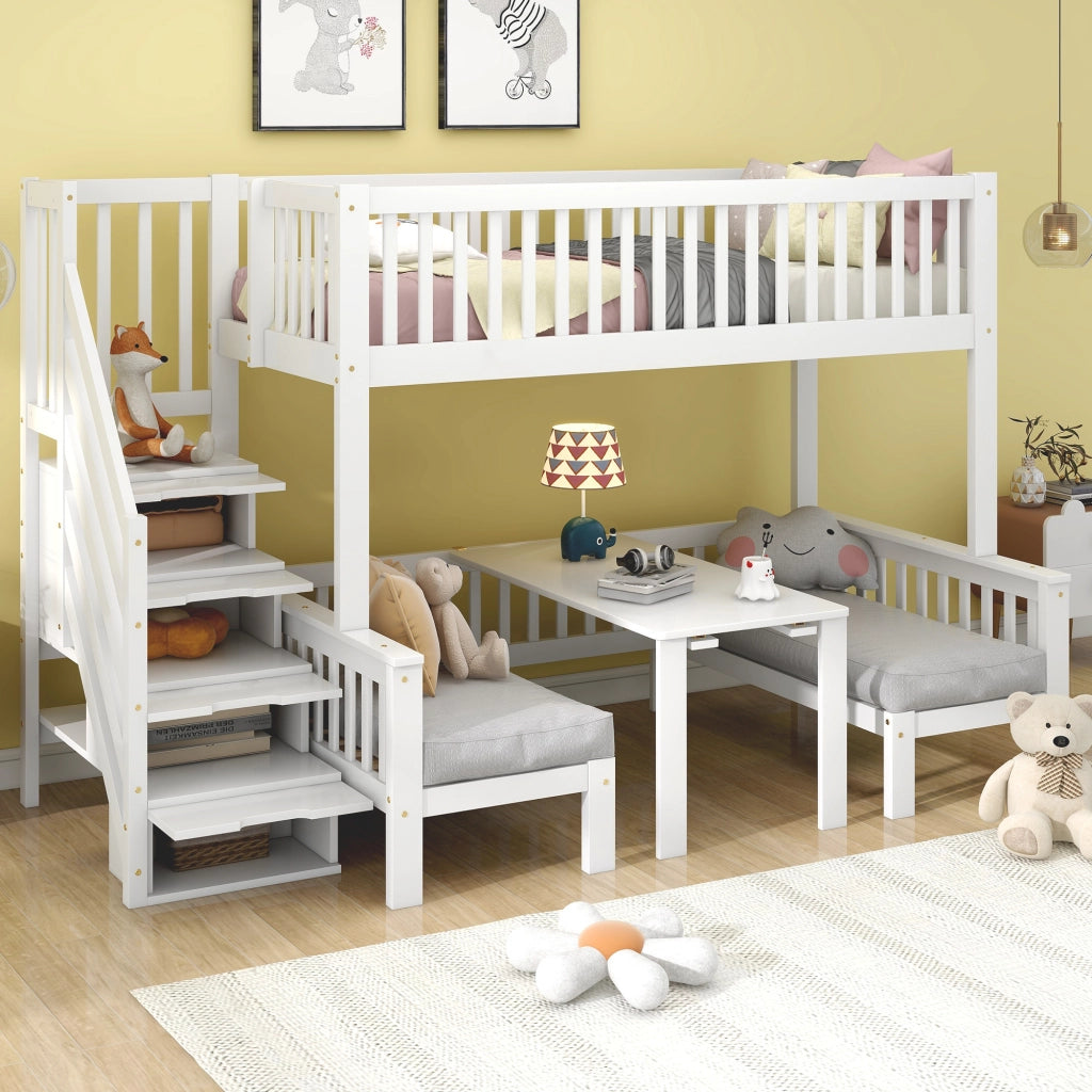 Letto a Castello 90x200 cm e 120x200 cm; con Tavolo Regolabile; Scala Contenitore e Sponda; Bianco