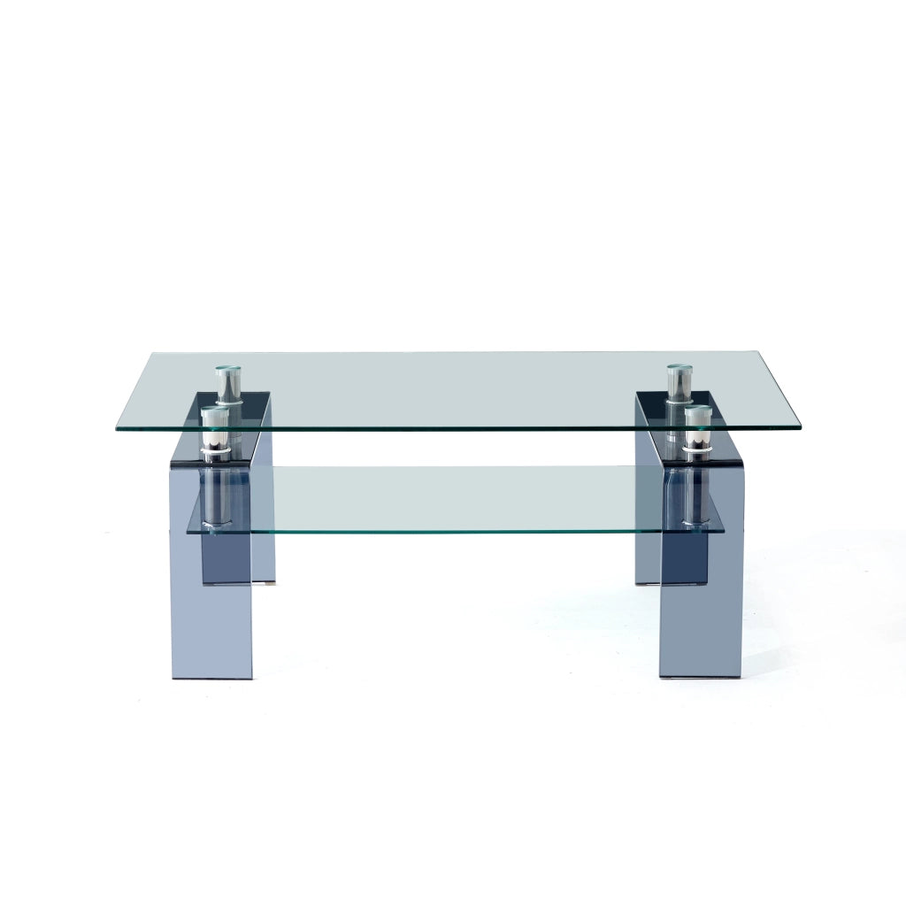 Tavolino basso fisso a due ripiani in vetro temperato trasparente con gambe grigie per soggiorno 100 × 55 × 45 cm