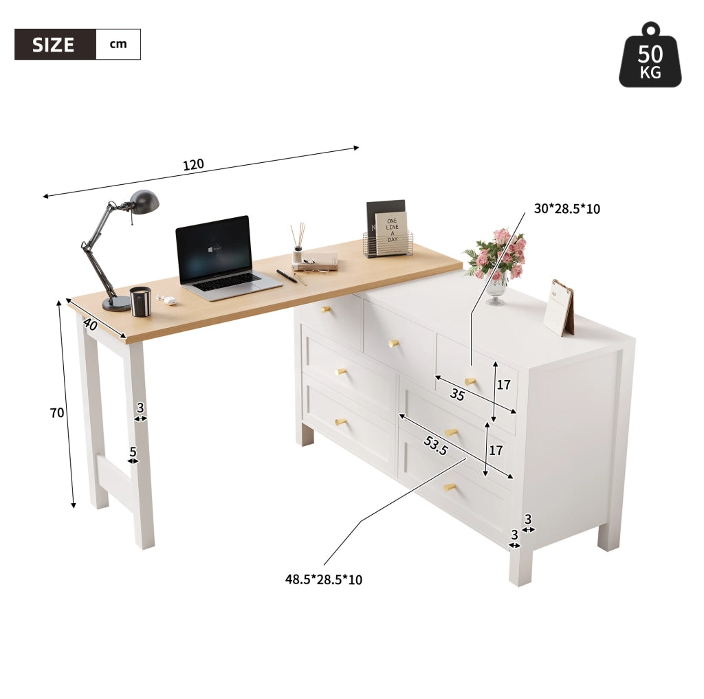 Scrivania girevole 2-in-1 con 7 cassetti; 120x40x70 cm; truciolare; bianco e rovere
