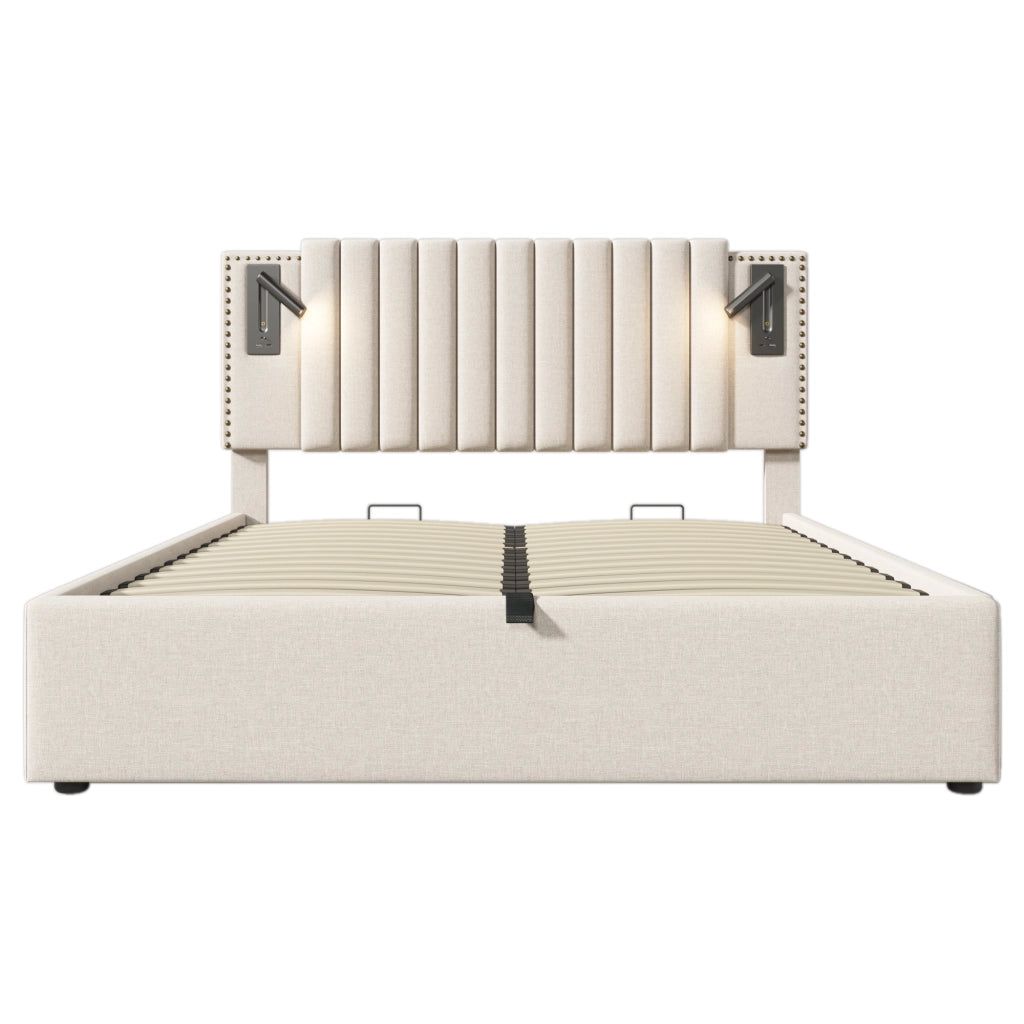 Letto contenitore imbottito beige 140x200 cm con luce da lettura