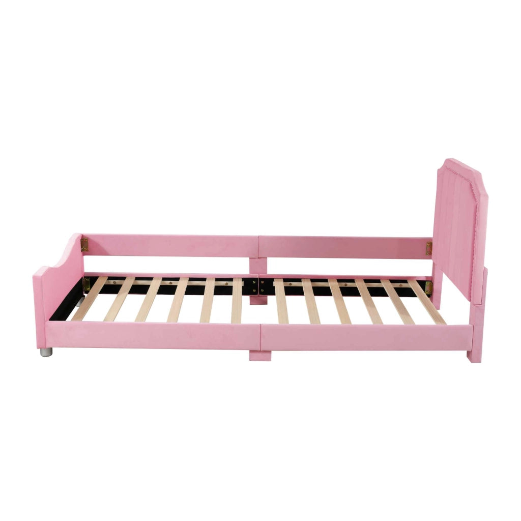 Letto singolo imbottito 90x200 cm rosa con schienale e braccioli, senza materasso