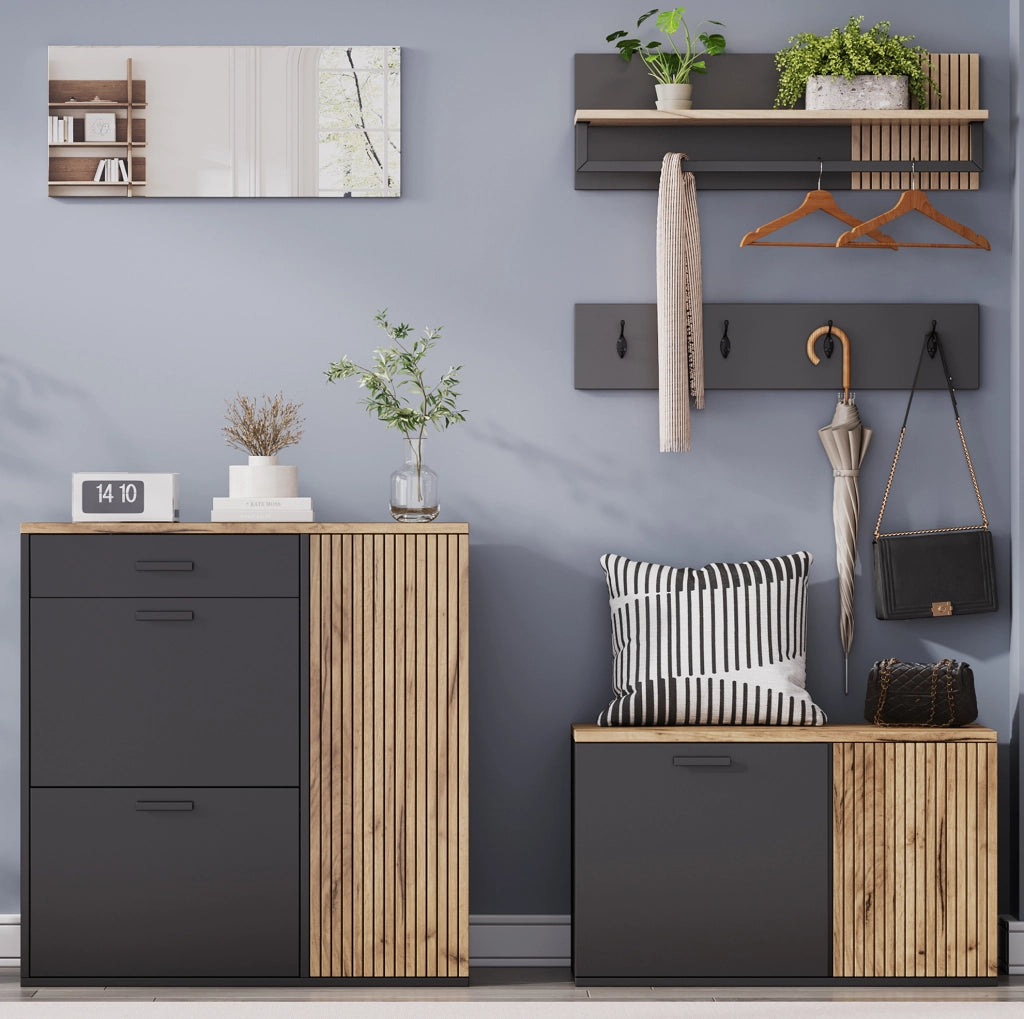 Set ingresso 5 pezzi, 85 x 36 x 85 cm e 80 x 36 x 48 cm, nero e legno