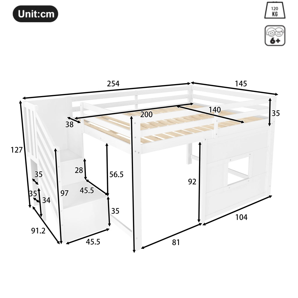 Letto a soppalco 140 x 200 cm con scala contenitore e finestra - Bianco