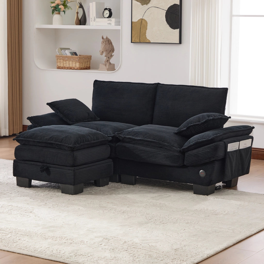 Divano 2 posti modulare in velluto a coste con pouf, struttura ergonomica, schiuma ad alta densità, USB-C, nero