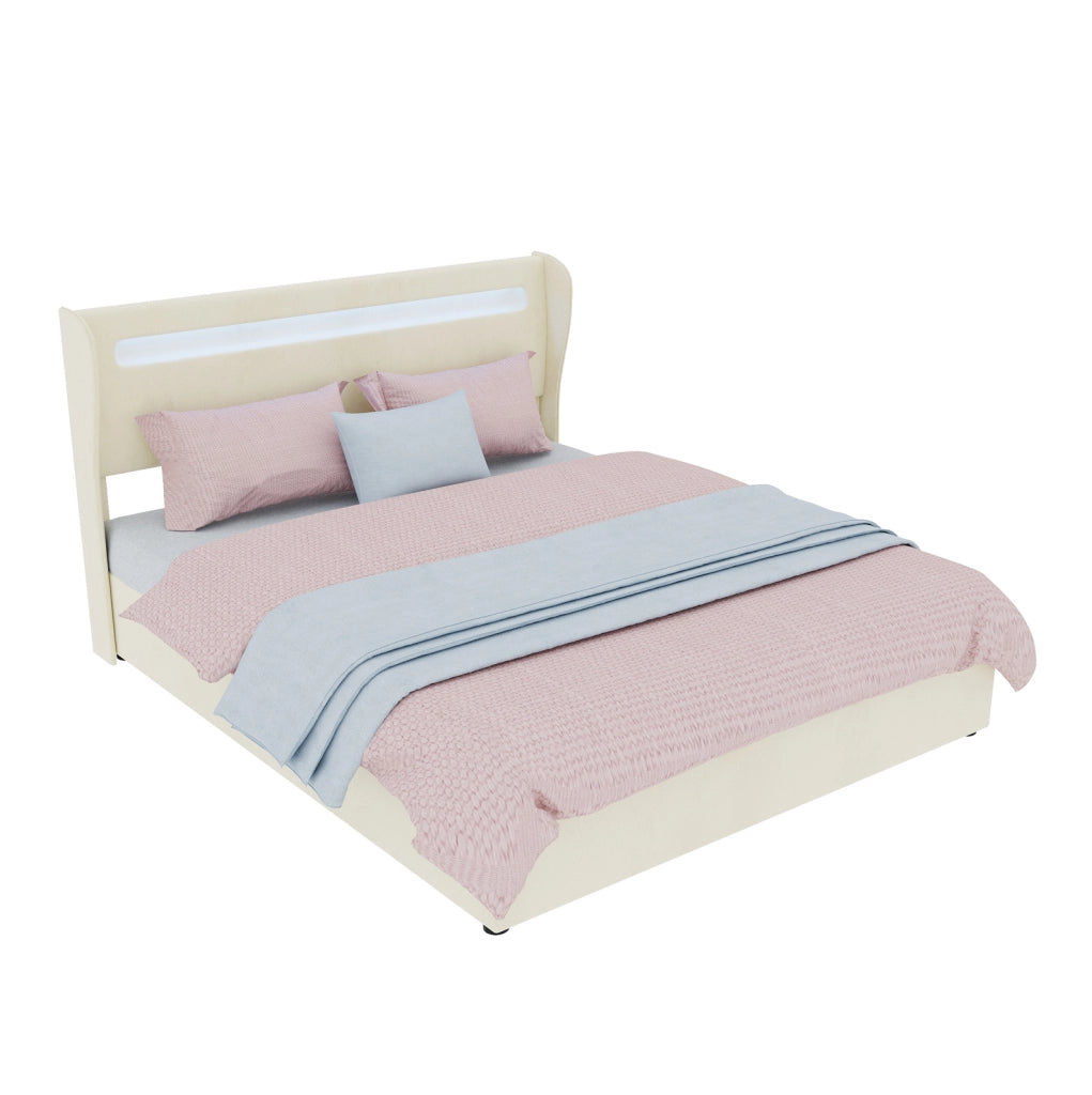 Letto matrimoniale LED 160x200 cm beige con contenitore e materasso