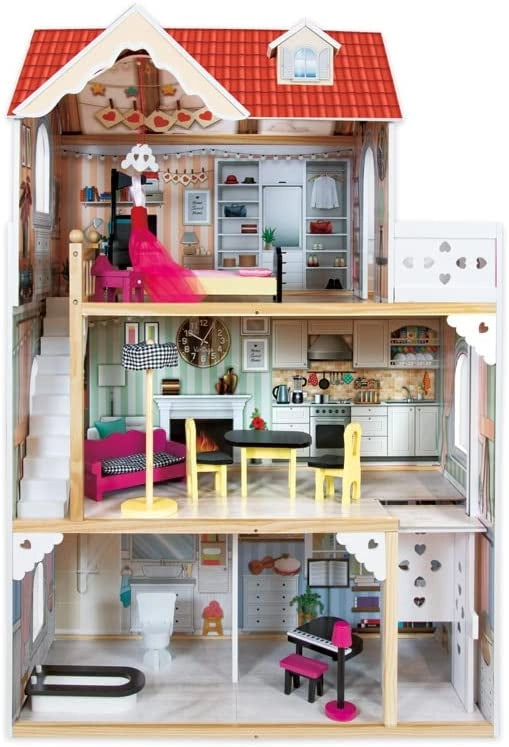 Casa Delle Bambole In Legno xxl Casa delle bambole di legno Con Accessori mobili Piani Inclusii Ascensore 2-6 anni Gioco