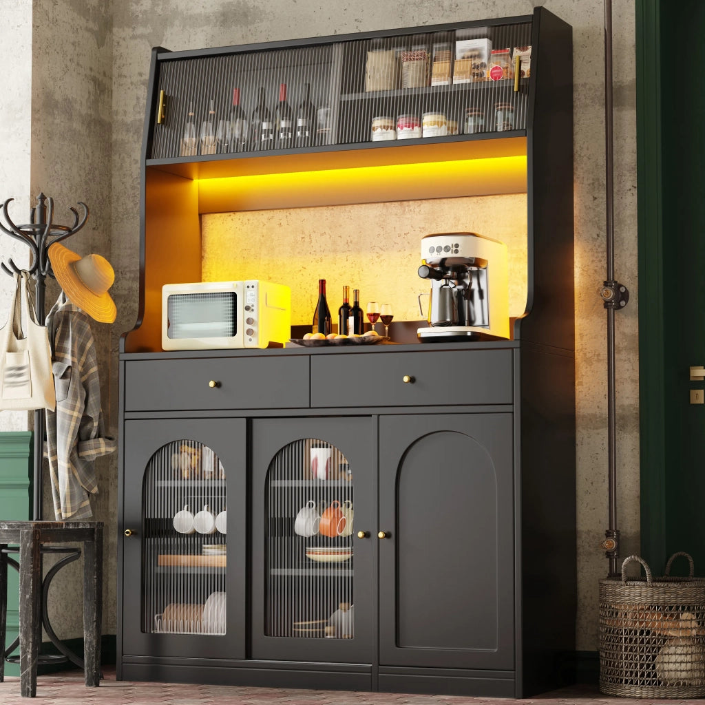 Credenza alta da cucina e sala da pranzo nera con ante a vetrina, 2 cassetti, ripiani regolabili e illuminazione LED a colori variabili