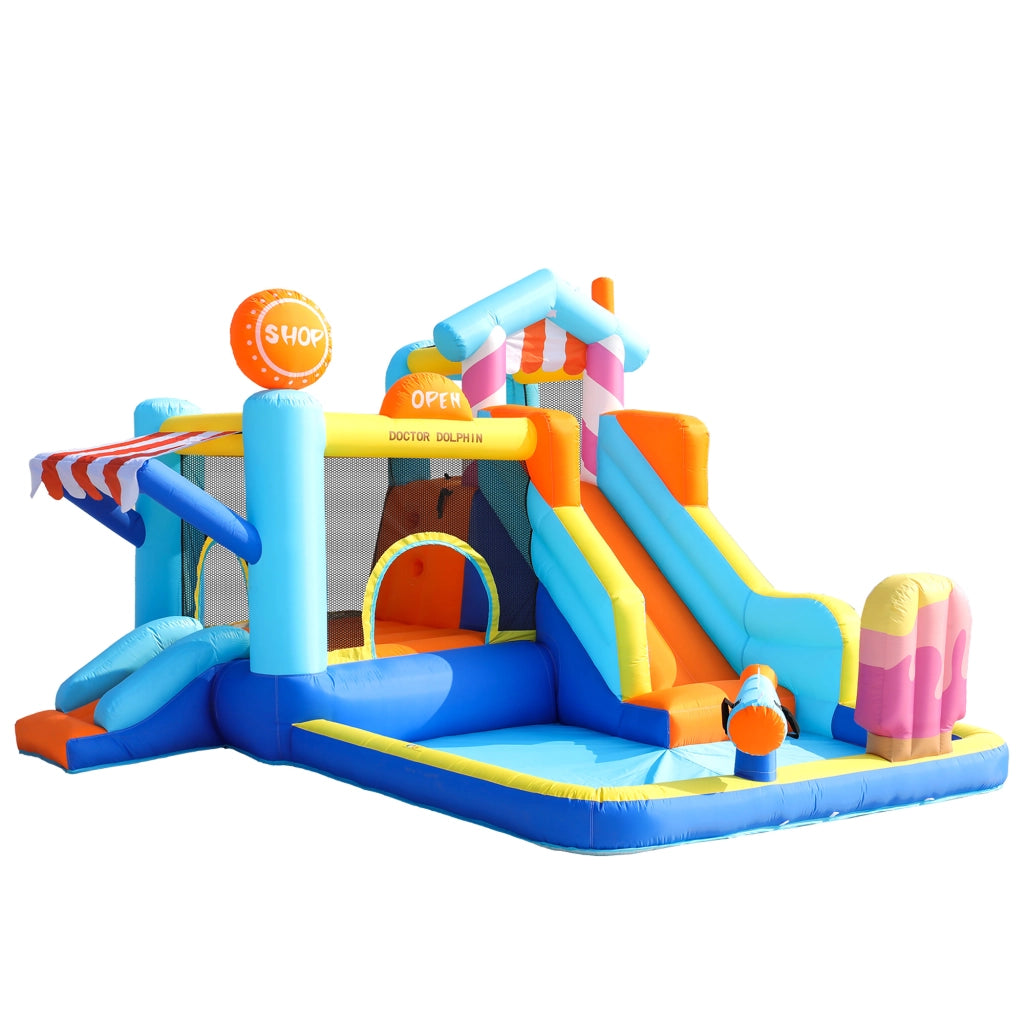 Castello Gonfiabile per Bambini con Parco Acquatico; Doppio Scivolo e Trampolino; Ventilatore 450W Incluso; Uso Asciutto e Bagnato; 395x340x236 cm
