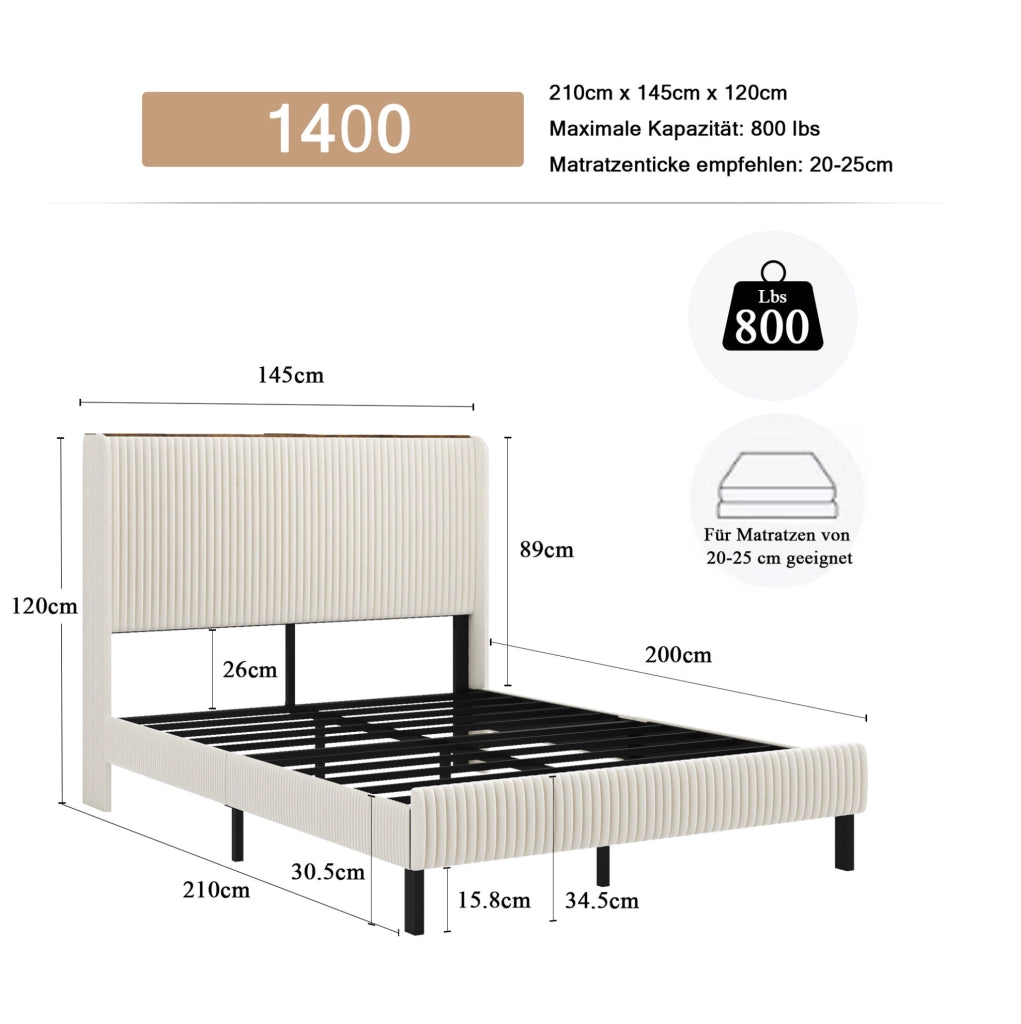 Letto imbottito 140x200 cm in velluto a coste beige