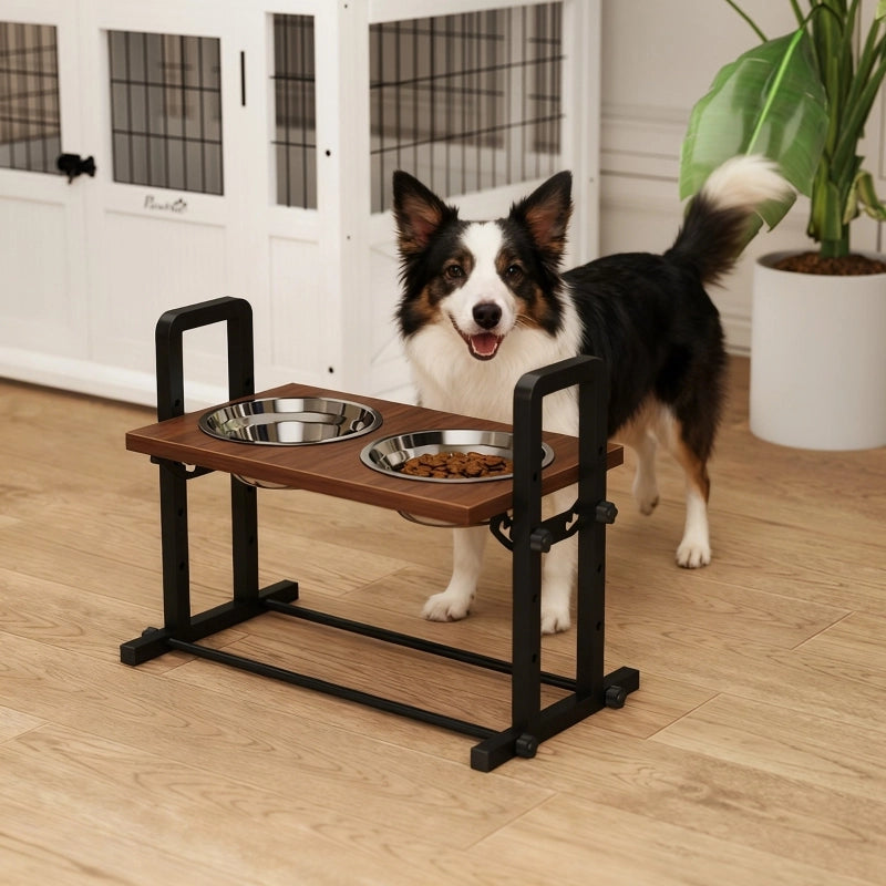 Supporto per ciotole per cani con 4 ciotole regolabili in altezza, 2 ciotole in acciaio inox da 1,2 L, 3 angolazioni regolabili, marrone