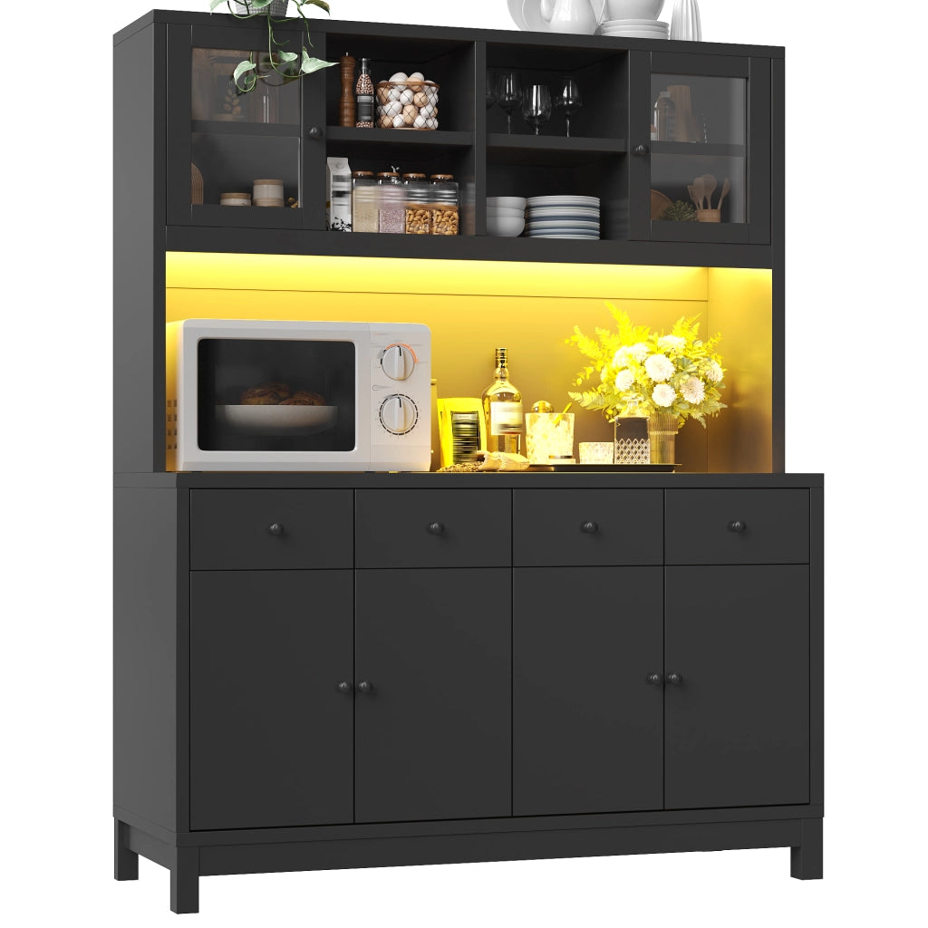 Credenza alta 140x38.5x180 cm con illuminazione LED RGB controllabile tramite app in MDF nera