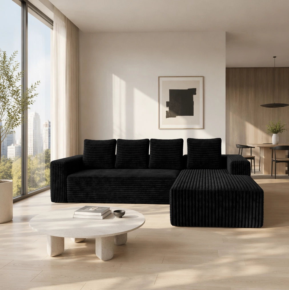 Divano modulare angolare con chaise longue in velluto a coste nero HOMVRA