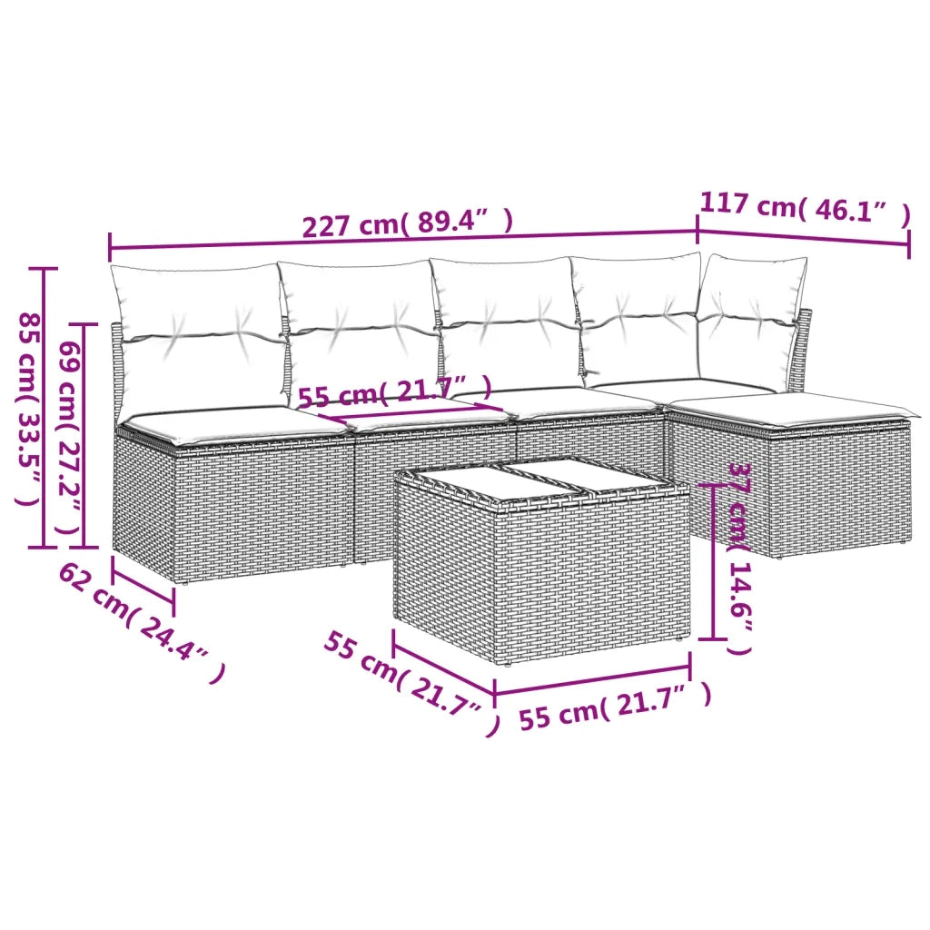Set Divano da Giardino 6 pz con Cuscini-Sofa da Giardino-Divanetto da esterno Nero in Polyrattan 628955