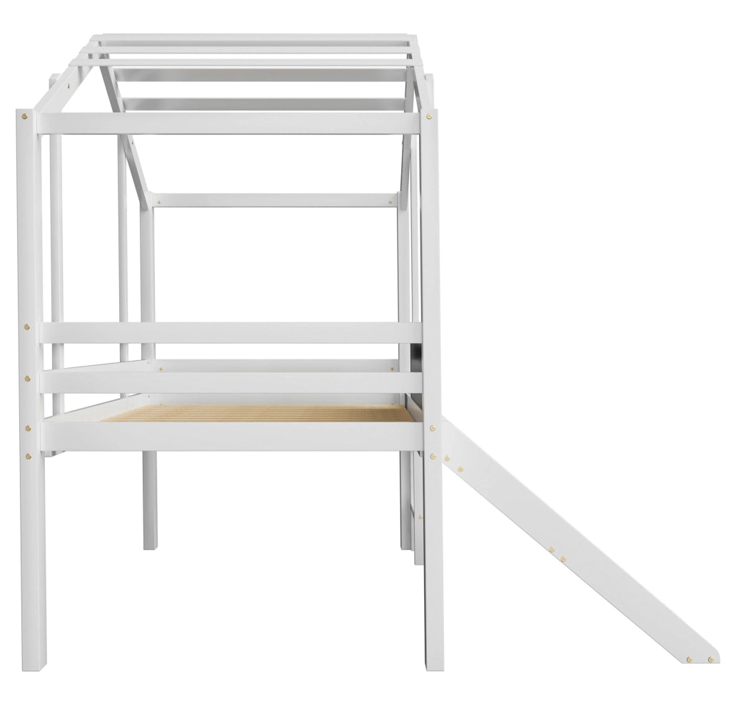 Letto a soppalco per bambini 90 x 200 cm in legno massiccio con scivolo, scaletta e lavagna, design a casetta, colore bianco