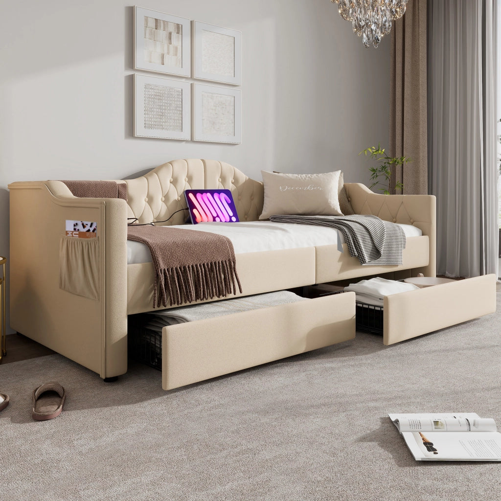 Letto singolo imbottito 90 ¡Á 200 cm con due cassetti USB e Type C in velluto beige
