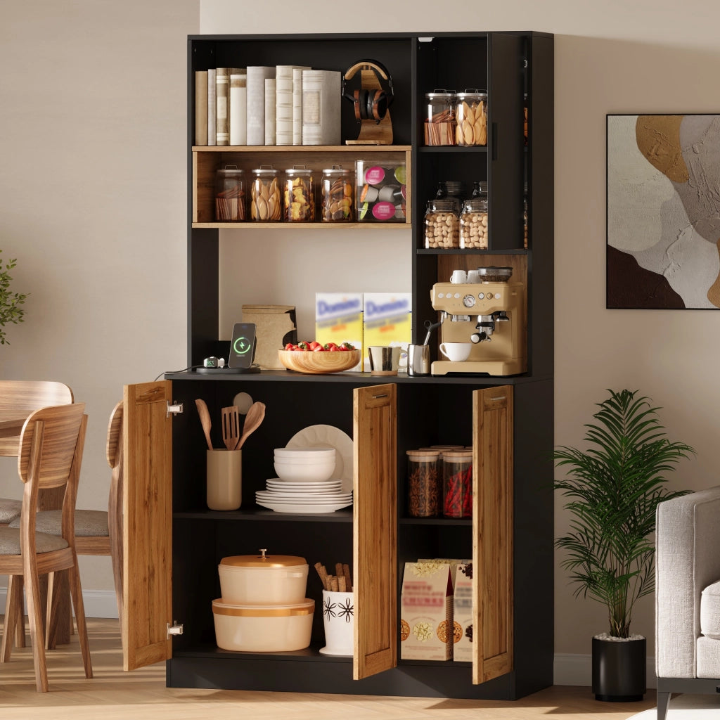 Mobile colonna cucina con LED RGB prese e ripiani regolabili MDF naturale e nero 100 × 40 × 180 cm