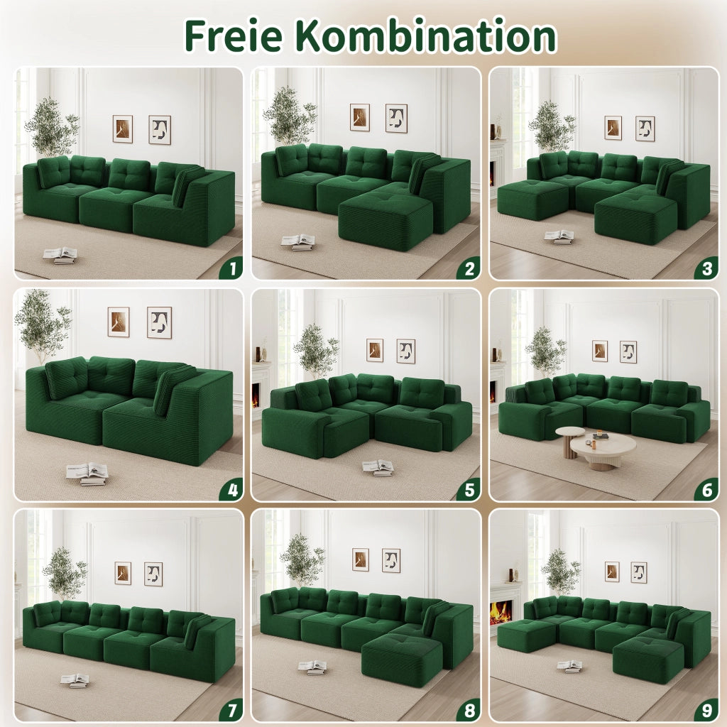 Divano angolare modulare 3 posti con chaise longue braccioli larghi e base antiscivolo in velluto a coste verde
