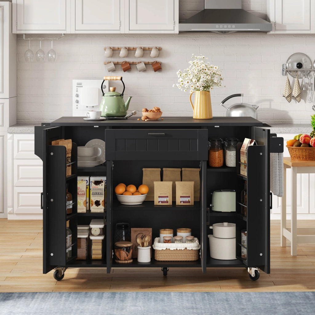 Carrello da cucina con piano pieghevole; 4 ante; ripiani regolabili e ruote in MDF nero