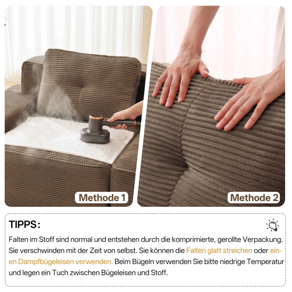 Divano modulare a U in velluto côtelé marrone, 3 posti senza struttura, con pouf, comfort cloud per soggiorno