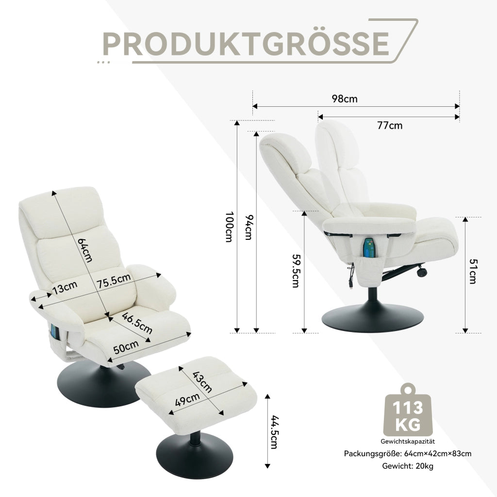 Poltrona relax - con massaggio 5 punti; riscaldamento e pouf - in chenille - bianco