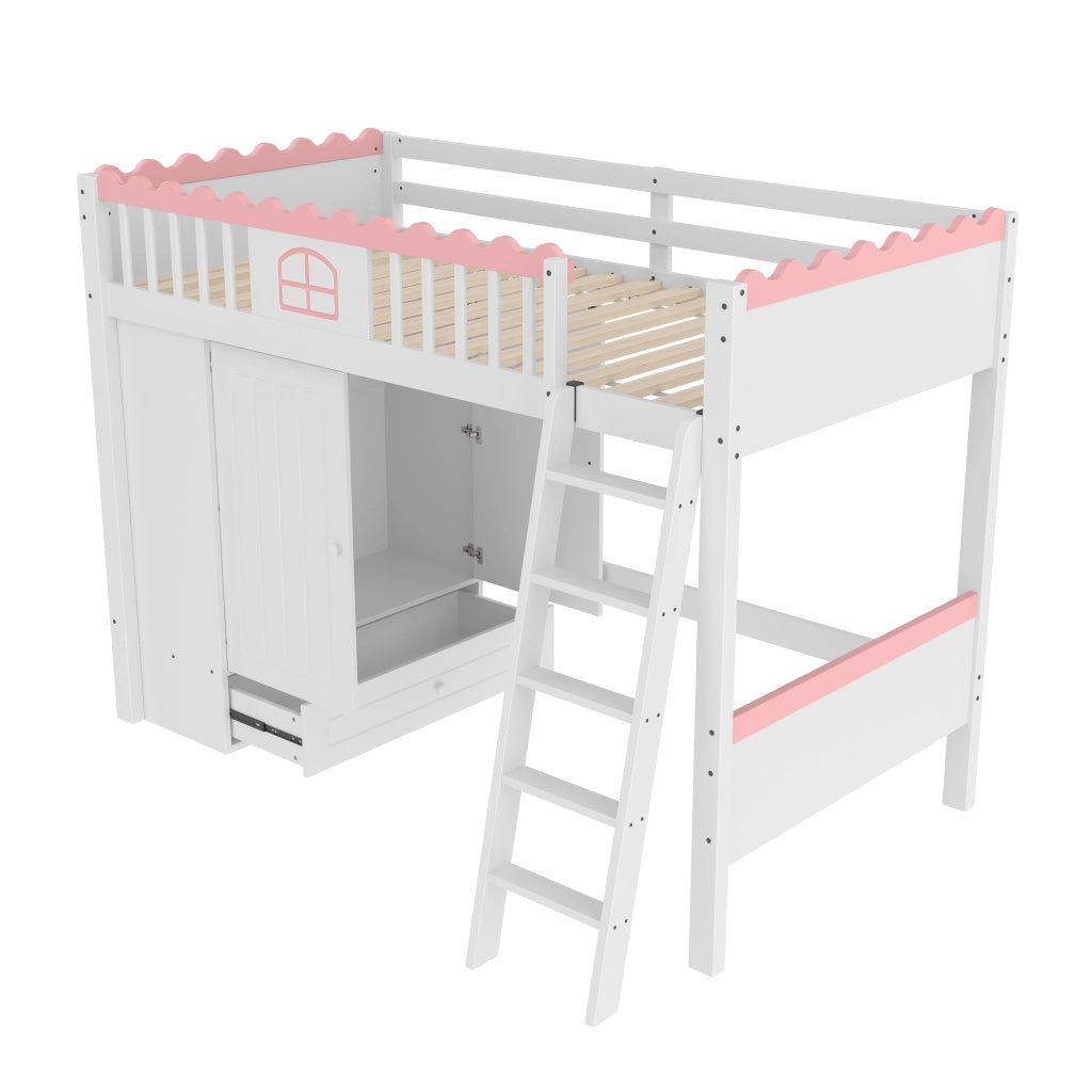 Letto a soppalco per bambini 90 × 200 cm con armadio, cassetto e illuminazione LED, senza materasso, bianco