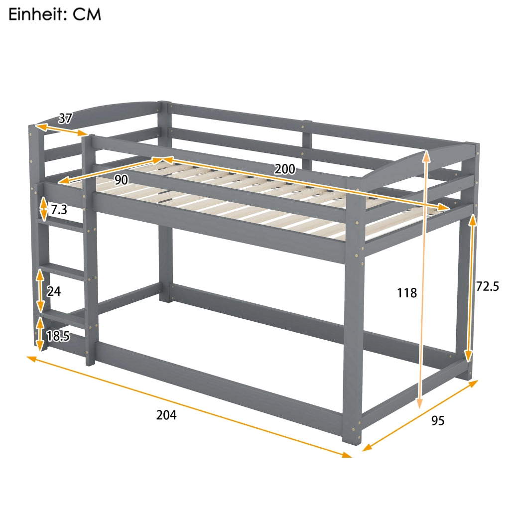 Letto a castello 90 × 200 cm a profilo basso con scala e barriera in legno e MDF grigio