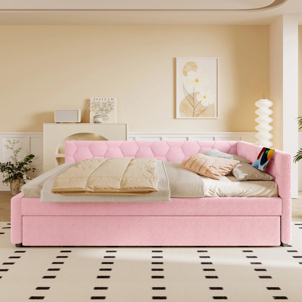Letto da giorno 140 x 200 cm con rete a doghe, senza materasso, lampada da comodino, letto estraibile, USB + Tipo C - Rosa