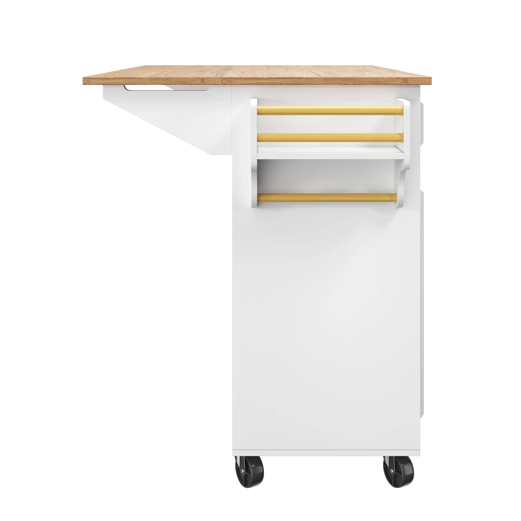Carrello da cucina con piano pieghevole, cassetti, ripiani regolabili e mensola laterale in MDF bianco per cucina
