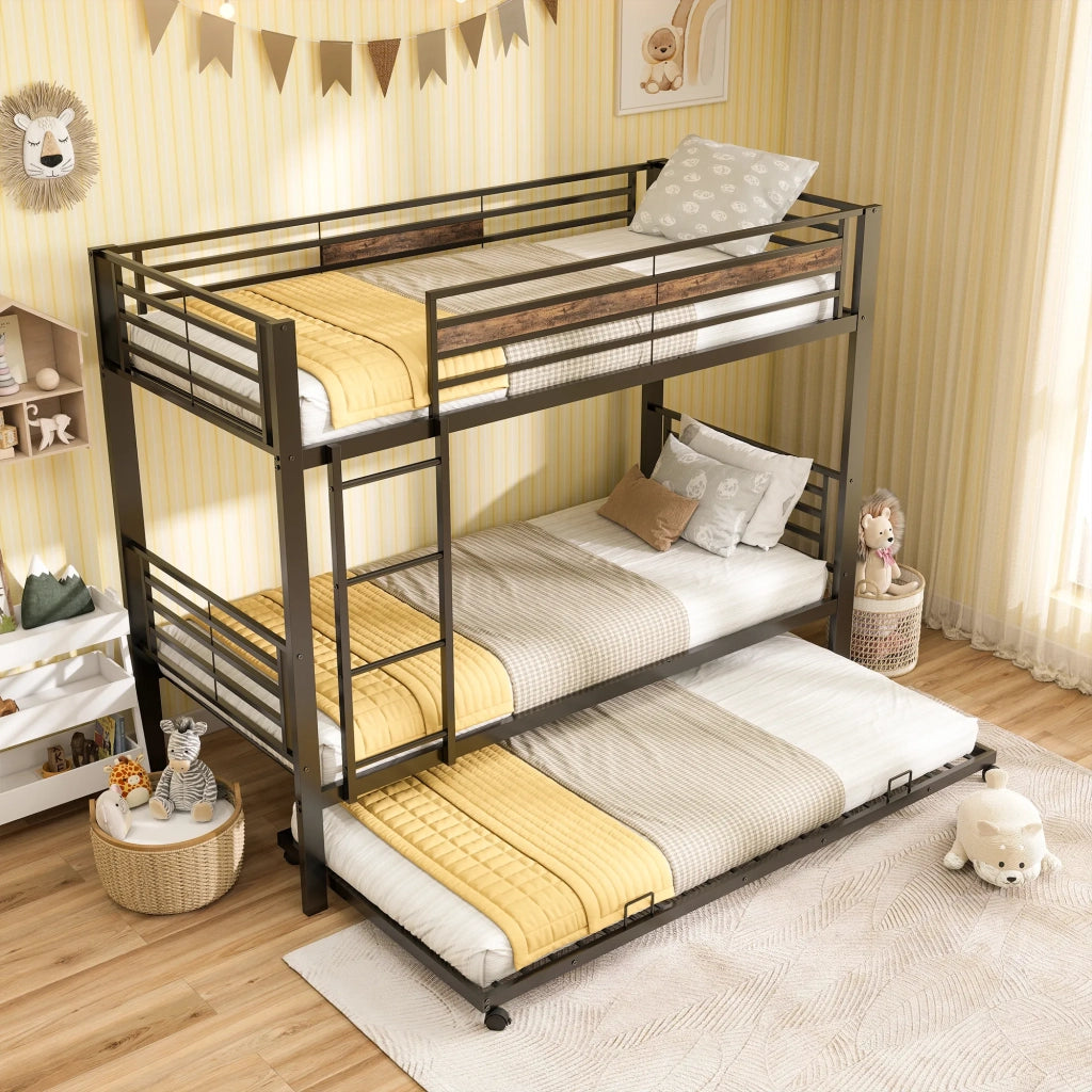 Letto a castello in metallo 90x200 cm con letto estraibile, scala e protezione anticaduta. Letto per bambini salvaspazio nero per 3 persone