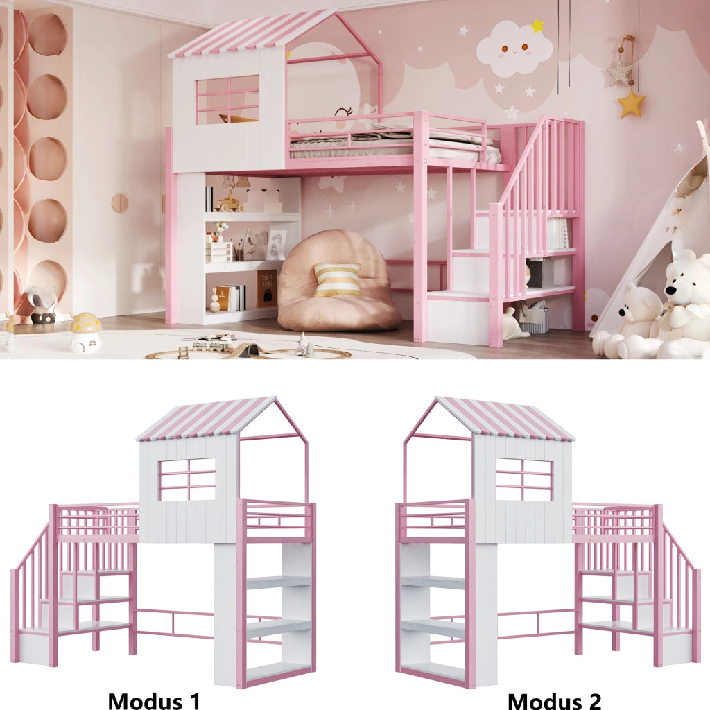 Letto a soppalco in ferro 90x200 cm con sponda alta, scala sicura reversibile e scaffalatura multi-livello, colore rosa