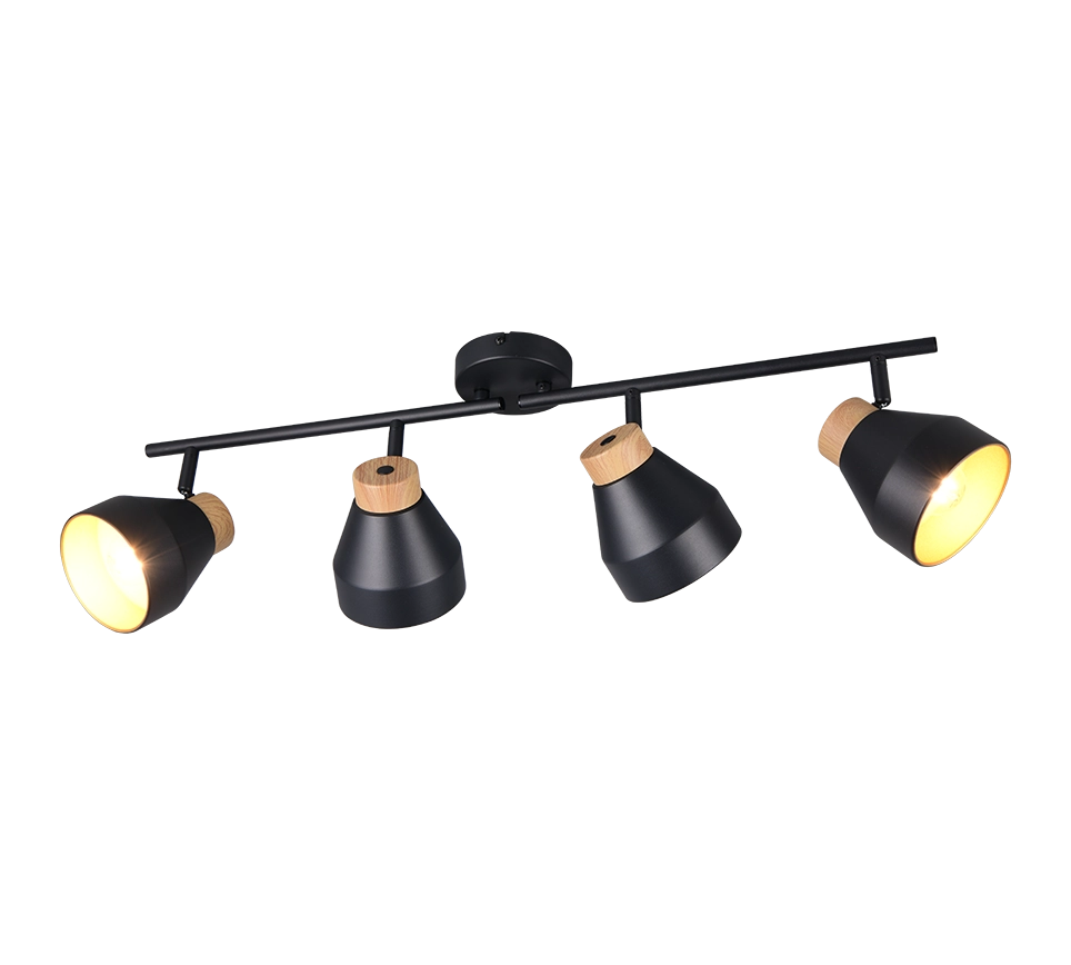 Barra 4 spots, metallo e legno, nero e oro, L 72 cm, Valentin