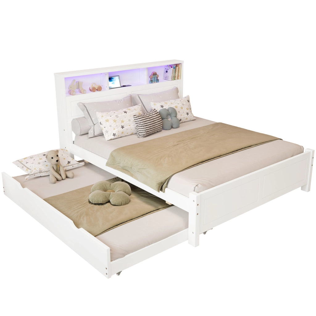 Letto matrimoniale con letto estraibile, testiera con presa di ricarica, luci LED e contenitore, bianco, 214x128,5x91,5 cm