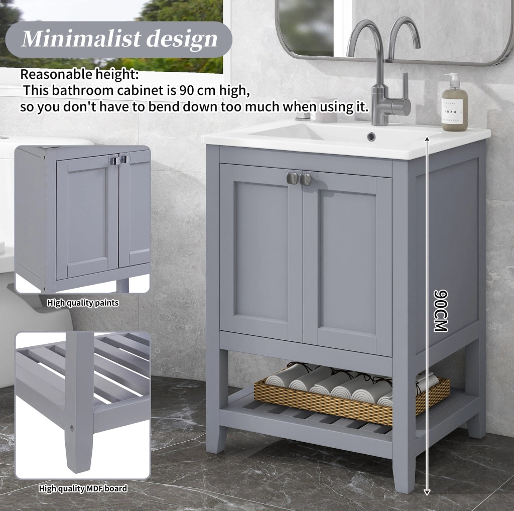 Mobile bagno con lavabo in ceramica e base contenitore 60 cm, grigio chiaro