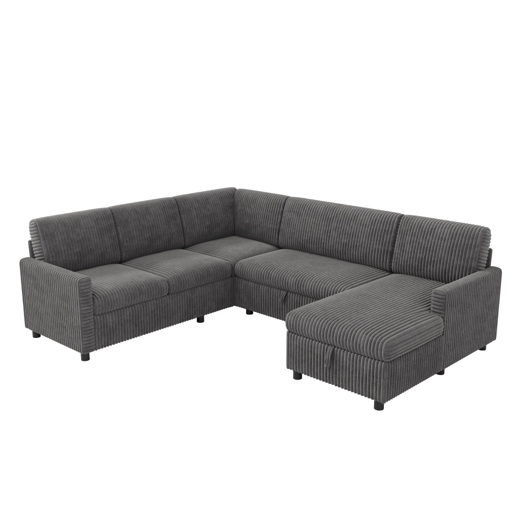Divano panoramico a U con funzione letto estraibile e vano contenitore, in velluto a coste grigio, 274 × 220 × 85 cm