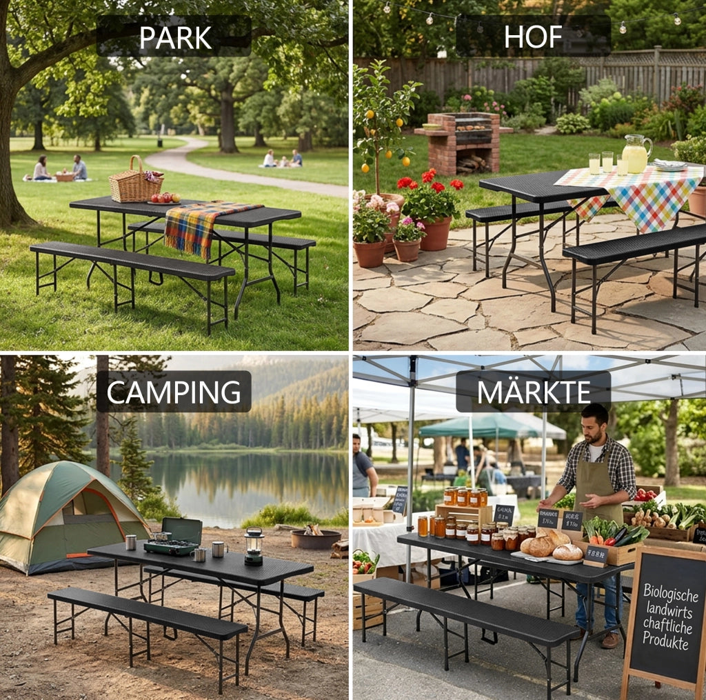 Set tavolo da picnic pieghevole con 2 panche, nero