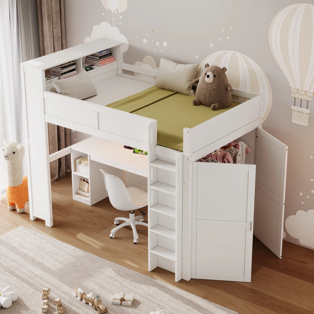 Letto a soppalco 90x200 con scrivania; armadio e illuminazione LED; bianco
