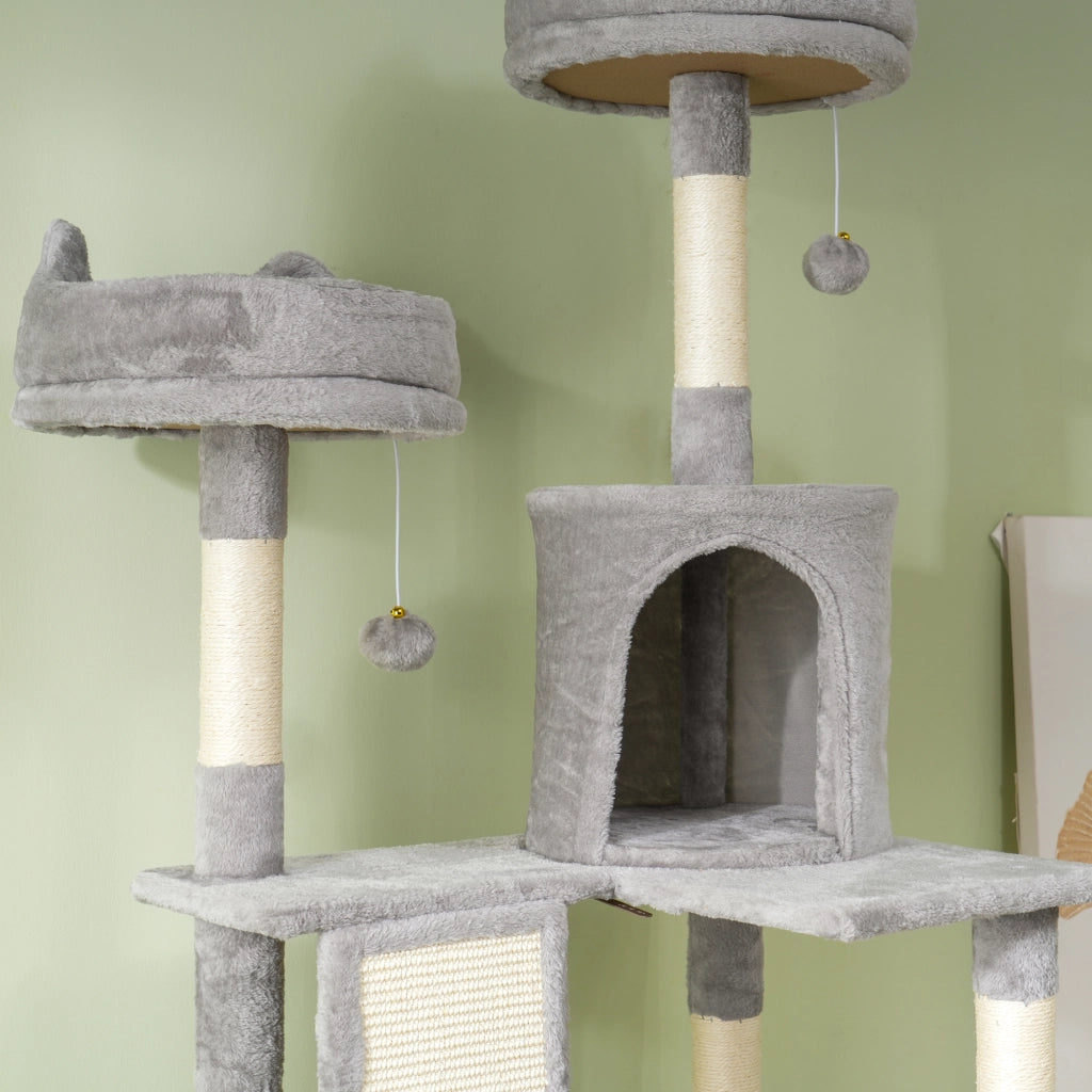 Albero per Gatti 60x50x206A cm con 4 Pali Graffiatoi Cesti Amache per 1-3 Gatti 6 kg in Peluche e Sisal Grigio Chiaro