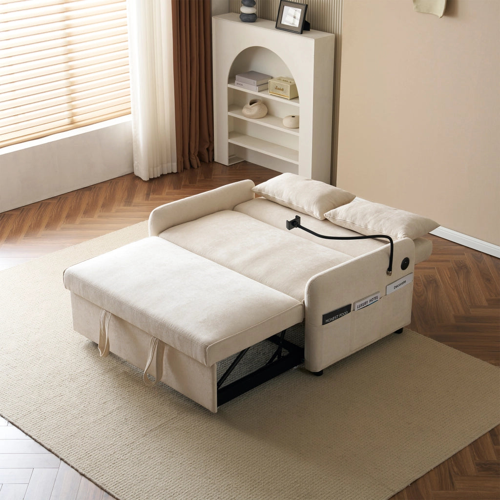 Divano letto estraibile a 2 posti con schienale reclinabile; USB; tasche laterali; beige