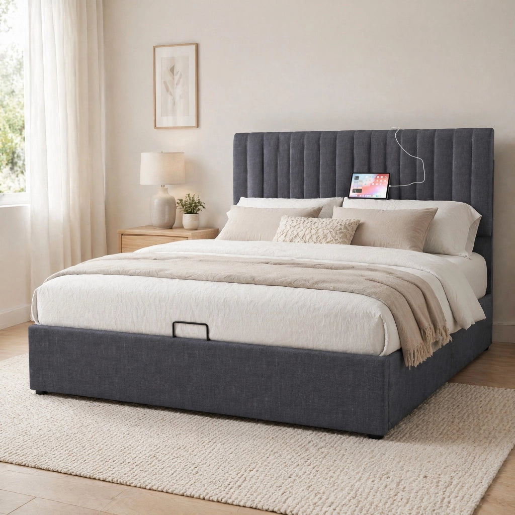 Letto matrimoniale imbottito 140 ¡Á 200 cm con contenitore LED USB Type-C in lino grigio con rete a doghe