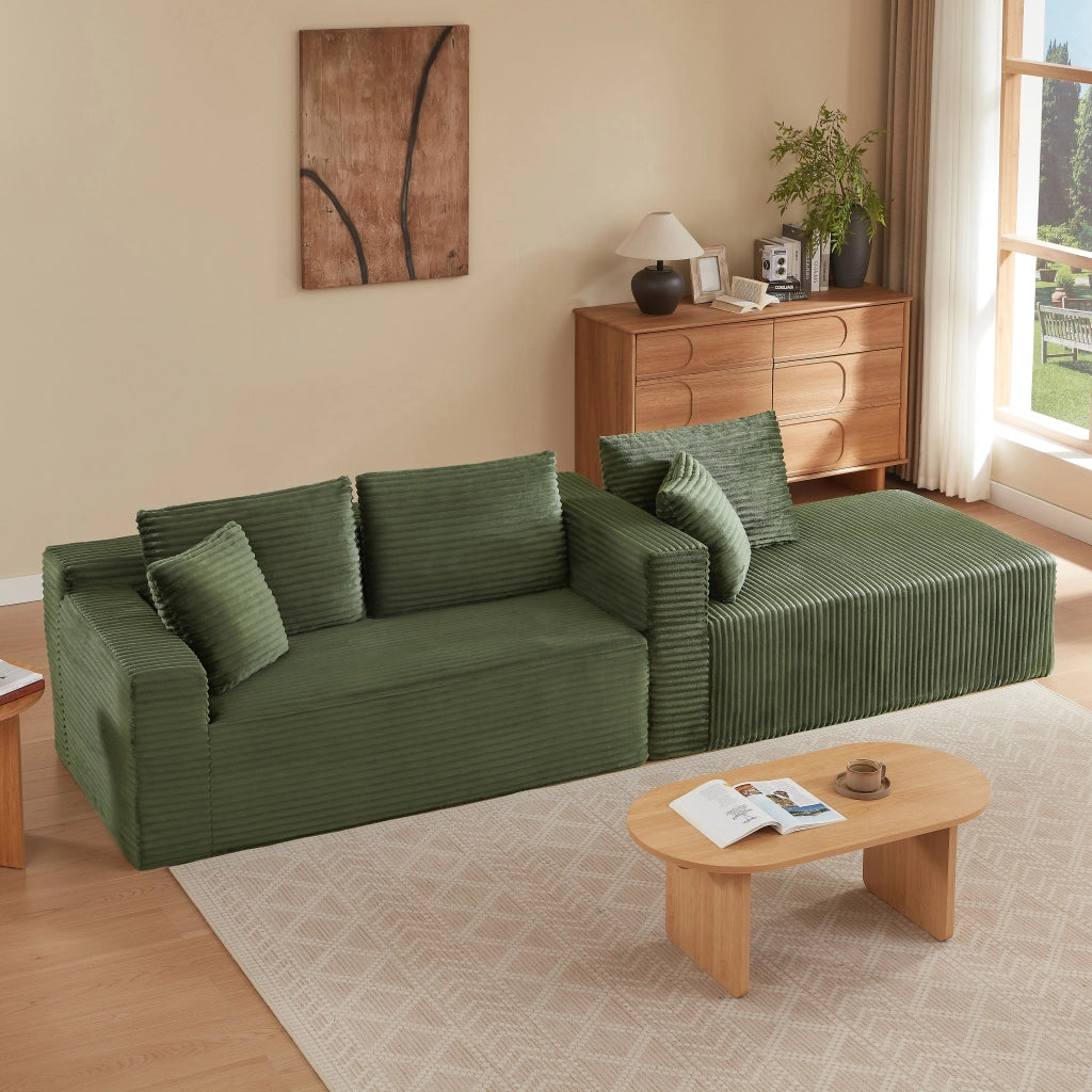 Divano modulare con chaise longue e cuscini rimovibili in schiuma e molle verde